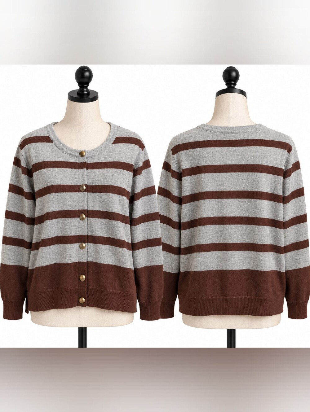 Jessica Simpson grey and brown striped gold buttoned cardigan size large new
